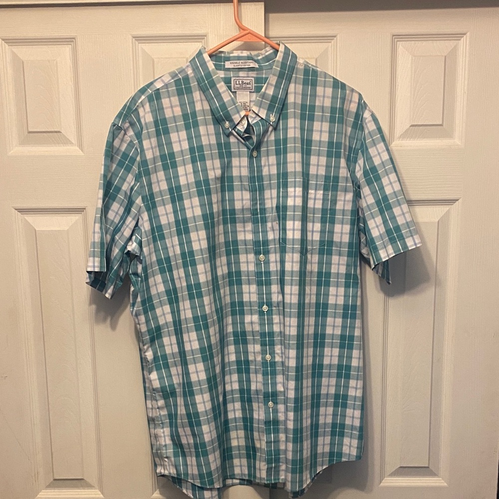 L.L. Bean Green and White Plaid Button Down Shirt